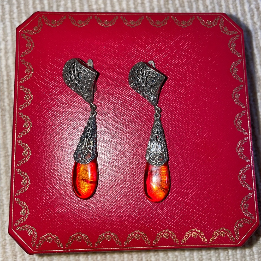 Antique amber sterling silver vintage teardrop earrings 1960s